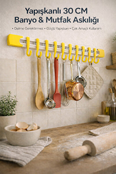 Ecuy Güçlü Yapışkanlı 30 Cm Duvar Askılığı – Delme Gerektirmeyen Banyo & Mutf...