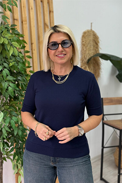 By Esra Celkan Navy Blue Crew Neck Short Sleeve Lycra Knitwear