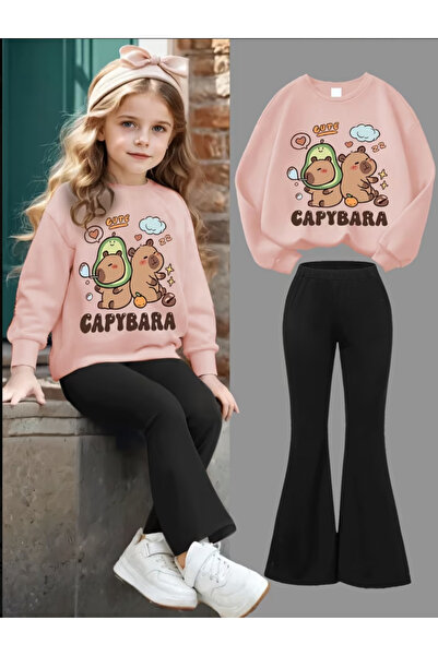 Daxia Girls' Black Ribbed Knitted Fabric Spanish-Cut Crew Neck Pants Set (New...