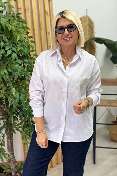 By Esra Celkan White Silver Striped Cotton Basic Shirt