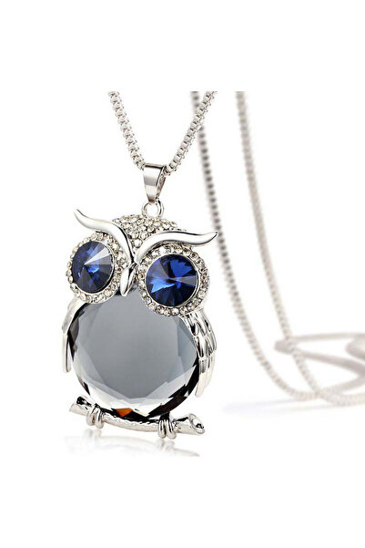 EFAYN.RO Women's necklace, owl pendant with crystals, silver with gray crysta...