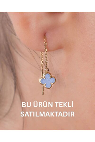 YCL JEWELLERY (TEKLİ) 14 Ayar Altın Parçalı Mavi Sallantılı Yonca Küpe