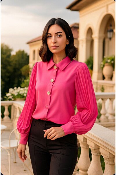 Divin store Elegant cyclamen blouse with pleated puff sleeves
