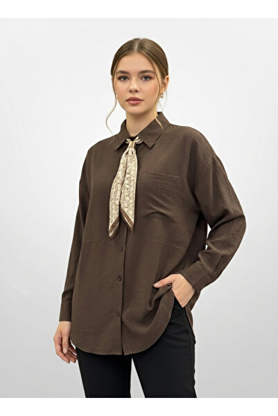 TLG GİYİM Women's Oversized Textured Fabric Scarf and Pocketed Shirt with Buc...