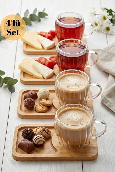 HUBBYCHEF 4'lü Bambu Tabaklı Cidarlı Espresso Kahve Bardağı