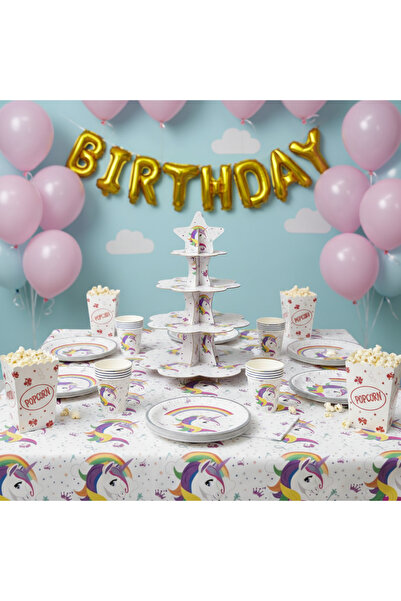Umamiçe UNICORN Parti Seti – 8'li Mısır Kutusu + 8'li Tabak Bardak + Kek Stan...