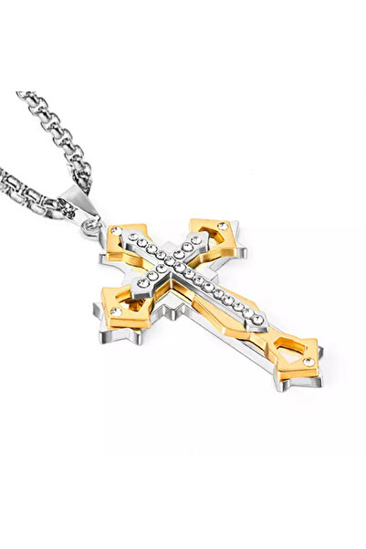 EFAYN.RO Lant cu pandantiv cruce. model dominator, insertie aurie cu cristale...