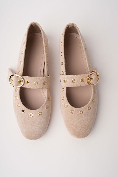 MUGGO Balerini de damă din piele cu cataramă aurie și ținte ZENA