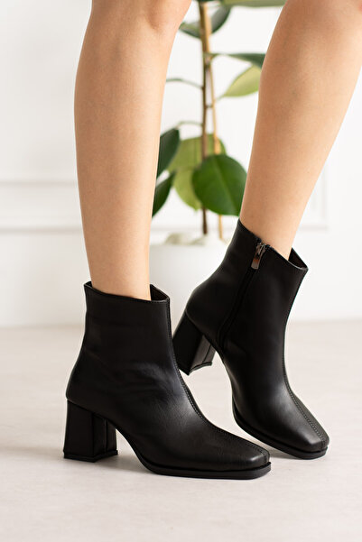 JOSEPHWORLD Zippered Blunt Toe Leather Black Women's Boots (Non-Slip Sole 9 cm)