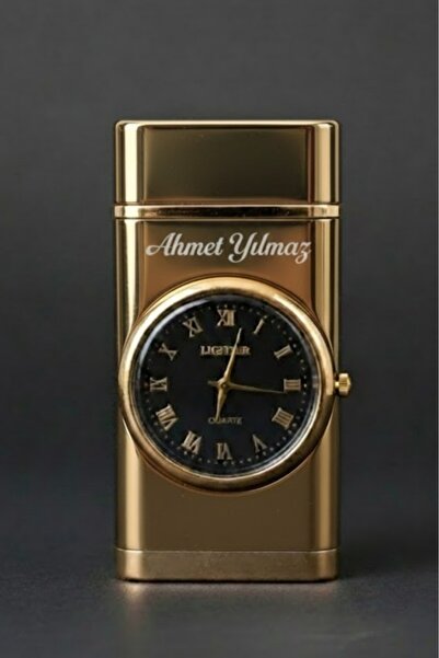 Mio Life Kişiye Özel Saatli Turbo Çakmak Gold LED Işıklı Mavi Alevli Lazer Ya...