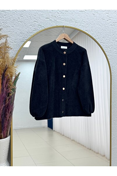 MİHRA STORE Arin Crew Neck Gold Buttoned Cardigan-Mf8596 Black