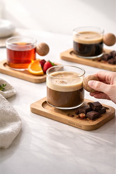 HUBBYCHEF 6'lı Bambu Tabaklı Espresso Kahve Bardağı Takımı