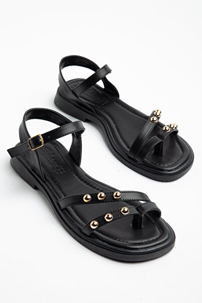 AYENDE MODA Women's Black Front Buckle Flip-Flop Sandals