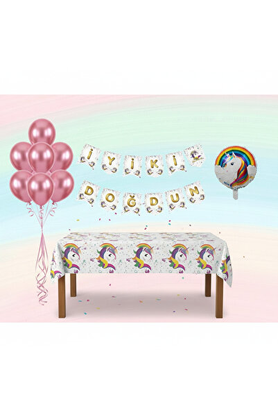 Umamiçe UNICORN Parti Seti – 10 Pembe Balon + Banner + Folyo Balon + Masa Örtüsü