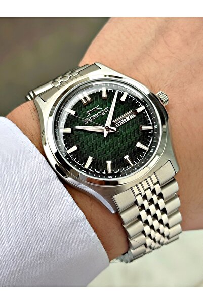 Slazenger Silver-Green Color Steel Band Steel Case Men's Wristwatch with Cale...