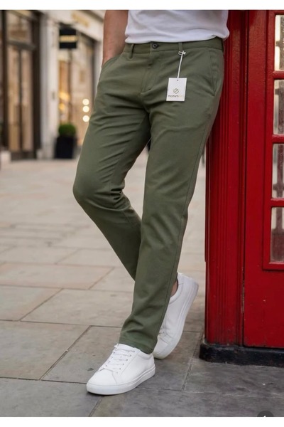 MODAMESTO Men's Khaki Slim Fit Lycra Plain Fabric Trousers