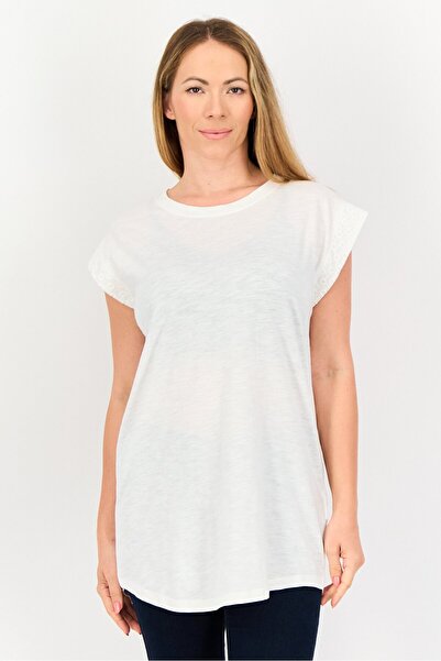 Amara Reya Women Crew Neck Cap Sleeve Plain Top, White