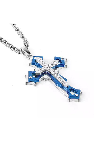EFAYN.RO Lant cu pandantiv cruce, model dominator, insertie albastra cu crist...