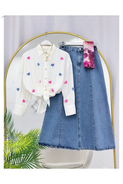 YEDİLALE Heart Embroidered Aerobine Shirt and Denim Skirt Dual Set [Shawl Not...