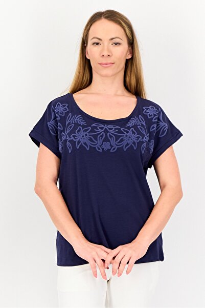 Amara Reya Women Round Neck Cap Sleeve Floral Print T-Shirt, Patriot Blue