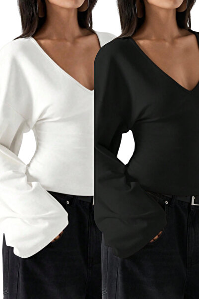 Tarz Cool Women's 2-Piece V-Neck Long Sleeve Waist-Slit Blouse