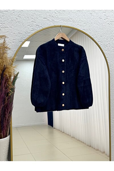 MİHRA STORE Arin Crew Neck Gold Buttoned Cardigan-Mf8596 Navy Blue