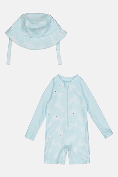 L&J Swim Club Toddlers Girls 2 Pcs Swimsuit With Bucket Hat, Light Blue