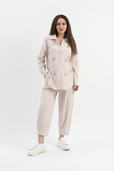 VELİZADE Дамска бежова риза с разрез отстрани, бродерия на очите, вискозна ле...