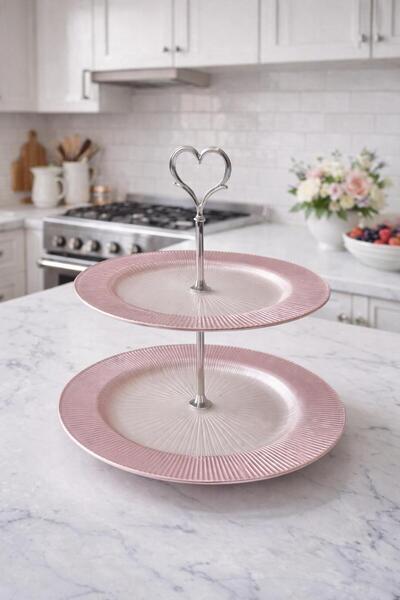 OFİS 2-Tier Glass Cookie Holder and Presentation Dish, Heart-Shaped Pink Deco...