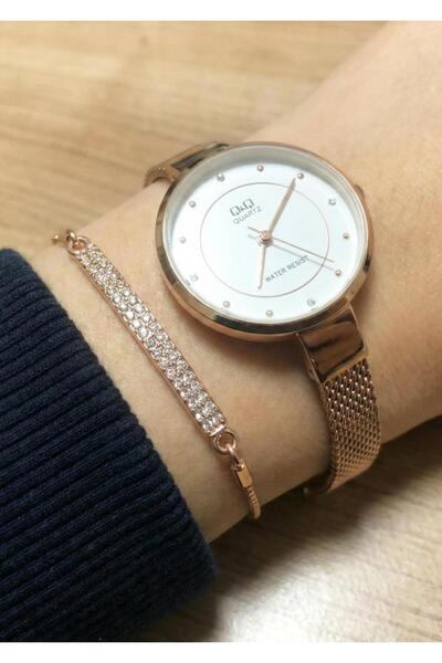 Q&Q Women's Rose Gold Metal Cord White Dial Wristwatch with Bracelet Gift 2 Y...