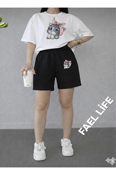 FAEL LİFE Girls'/Boys' Loose Fit T-Shirt and Shorts Cat Printed Set