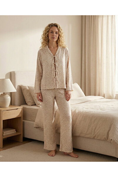 REDTAG Women Beige Ditsy Print Satin 2 Piece Pyjama Set