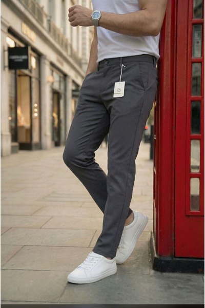 MODAMESTO Men's Anthracite Slim Fit Stretch Fabric Plain Fabric Trousers