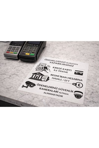 Gokco Mağaza İşyeri Dükkan POS Yanı Ödeme Sticker 15x15 cm – Kredi Kartı IBAN Güvenlik Kameralı