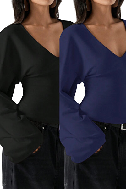 Tarz Cool Women's 2-Piece V-Neck Long Sleeve Waist-Slit Blouse