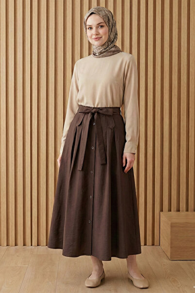 FERHEL Women's Front Buttoned Lace-Up Parachute Fabric Hijab Skirt - Brown