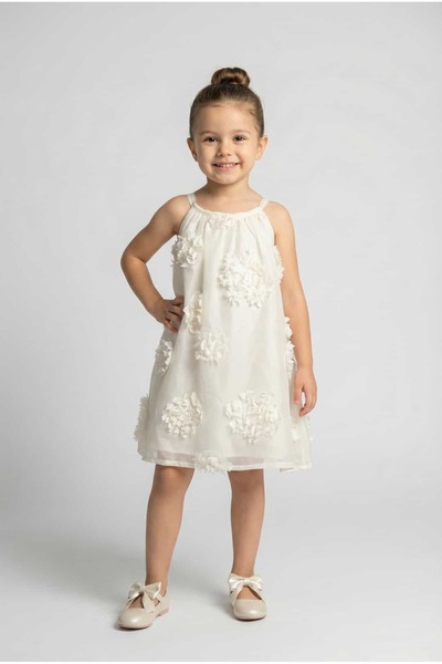 SIRRI Girl's Floral Appliqué Dress Ecru/White (2-5 Years)