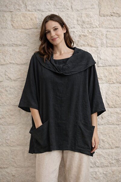 AGORATEKSTİL Women's Flared 100% Cotton Fabric Capri Sleeve Double Pocket Blouse