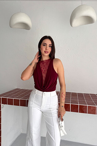 mielva Women's Burgundy Lace Detailed Deep Neckline Sleeveless Bodysuit