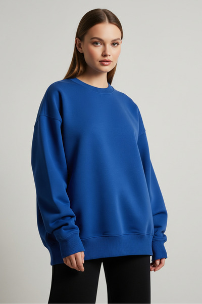 MAXIMILLIAN Kadın Oversize Bisiklet Yaka Pamuklu Basic Sweatshirt SAKS MAVİ