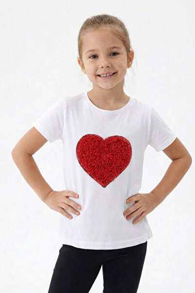 nacar çarşı Kız Çocuk Kırmızı Kalp Tişört 23 Nisan 29 Ekim Gösteri Tişört