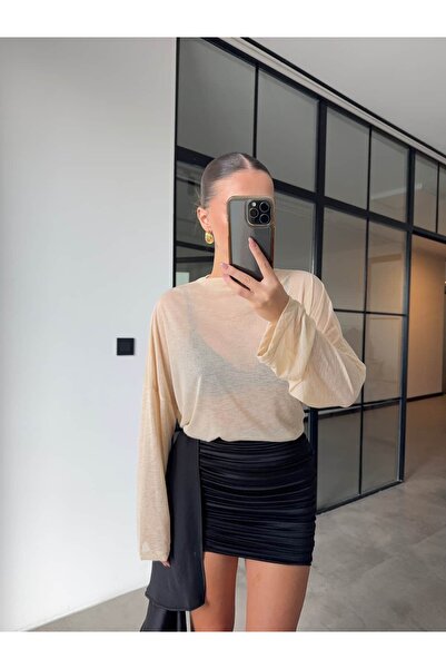 BB Bensu Buyruk Stand Collar Oversize Transparent Blouse Beige