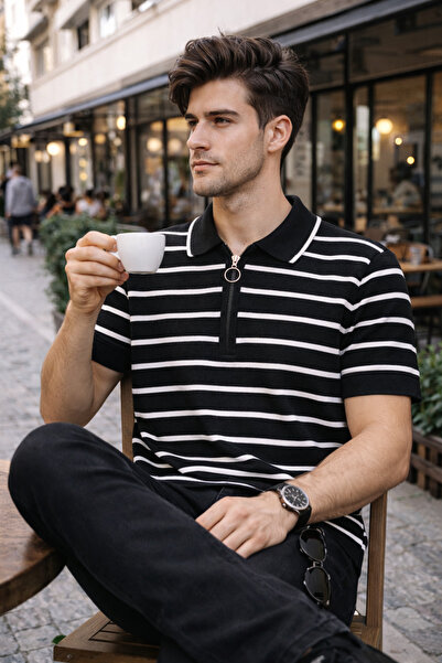 WE&ME Men's Striped Thin Knitwear Polo Collar Half Zipper Short Sleeve Stylis...