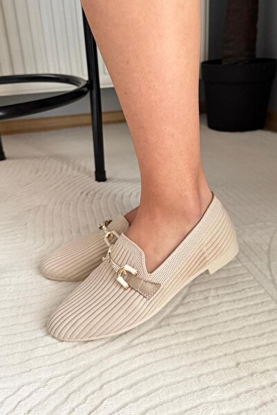 Preshley Women's Pole Beige Knitwear Buckle Ballerina Shoes