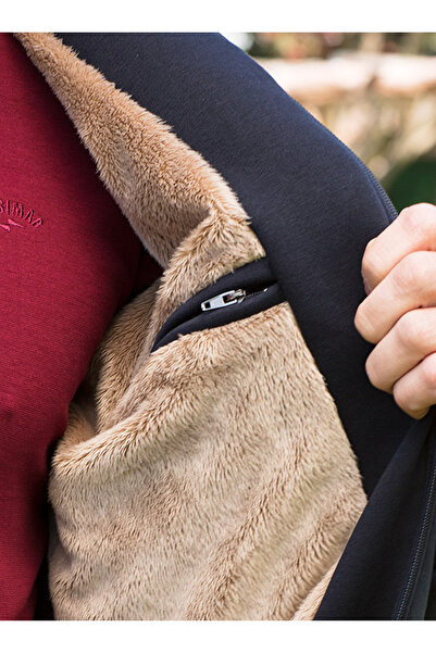 Masimar Large Size Men's Navy Blue Fur Lined Hooded Full Zip Sweatshirt Coat