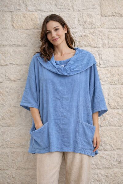 AGORATEKSTİL Women's Flared 100% Cotton Fabric Capri Sleeve Double Pocket Blouse