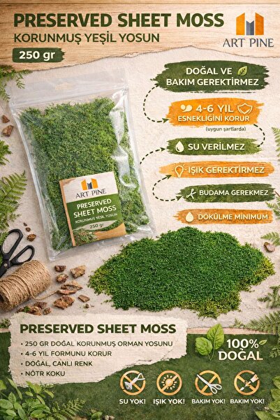 ART PINE ŞOKLANMIŞ YEŞİL YOSUN - PREMIUM - PRESERVED SHEET MOSS - 250 Gr. - Y...