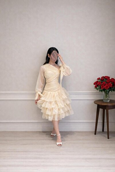 Jood Women's layered chiffon organza midi dress – elegant one-shoulder design...