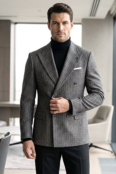 AKÇAYLAR Slimfit Double Slit Striped Pointed Collar Lined Double-Breasted Sin...