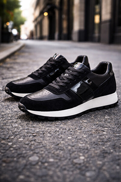 Sanvio Tarzkar حذاء رياضي رجالي أسود من الجلد الطبيعي الفاخر بنعل EVA لتقويم ...